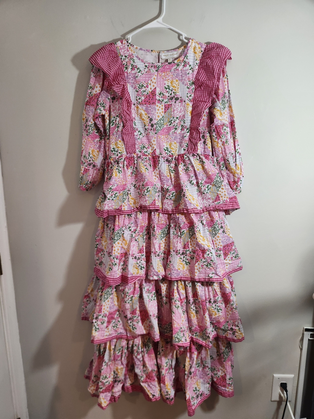Simply Southern Patchwork Maxi Dress Cottagecore Long Sleeve Pink  Tiered Ruffle